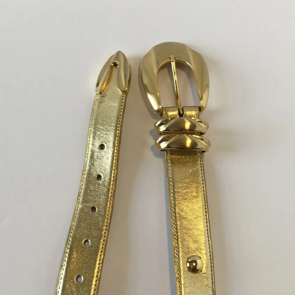 Vintage Genuine Leather Womens Belt Gold Tone & Buckle Studs marked Size S